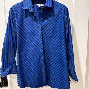 Chico's no-iron black and blue striped shirt with button fold over cuff size 2.5